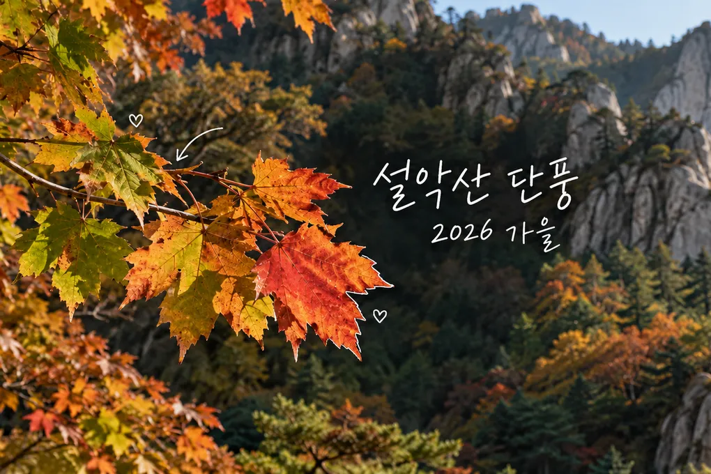 숲과 바위 봉우리를 배경으로 한 단풍잎과 흰 손글씨 설악산 단풍, 가을 2026을 담은 AI 생성 이미지.
