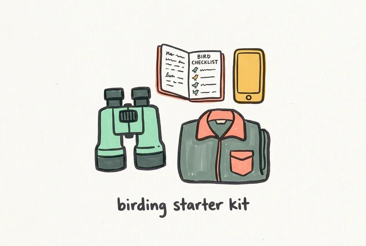 Marker illustration of binoculars, a bird checklist notebook, a phone and a muted green jacket