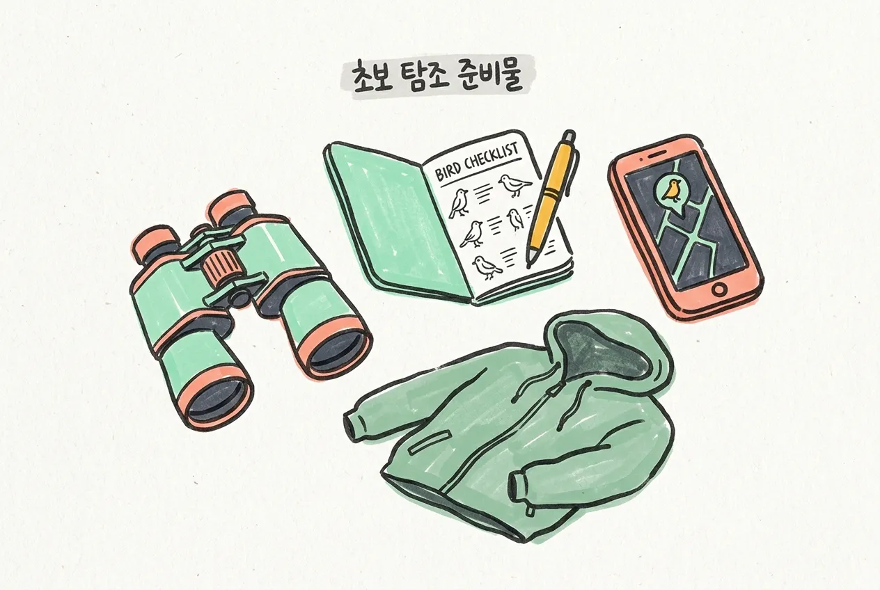 쌍안경, 새 체크리스트 수첩, 스마트폰, 차분한 색 점퍼를 마커로 그린 일러스트