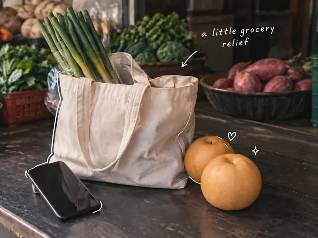 AI-generated grocery bag, spring onions, Asian pears and a phone at a produce stall, with white doodles and the words a little grocery relief.