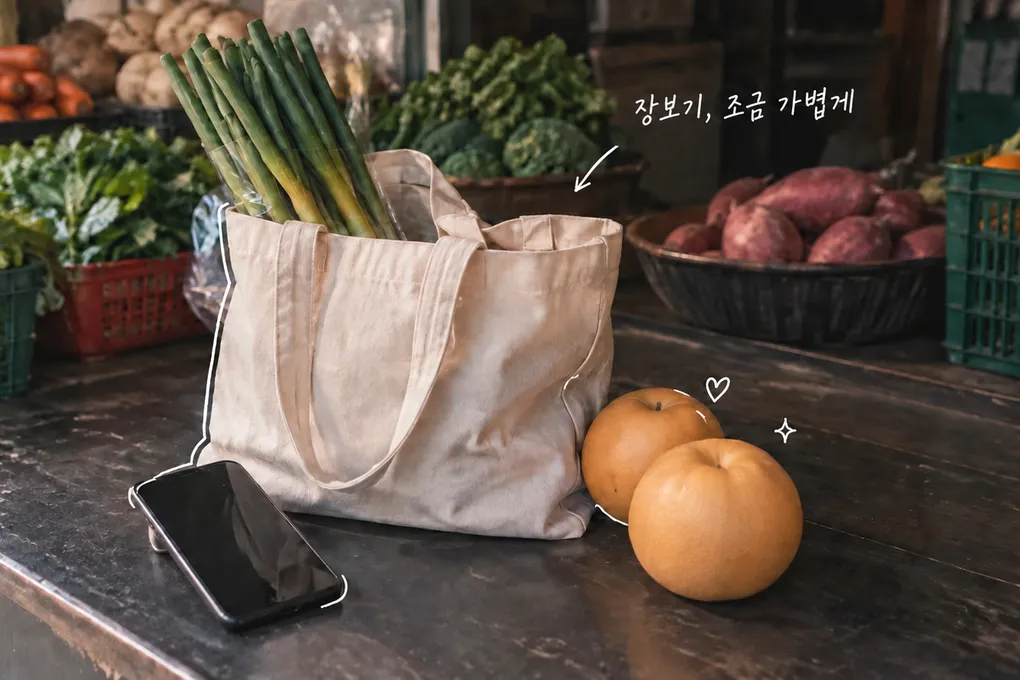 장바구니, 대파, 배, 휴대폰이 놓인 채소 가판대에 흰 낙서와 '장보기 부담 조금 덜기' 손글씨를 더한 AI 생성 이미지.