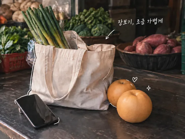 장바구니, 대파, 배, 휴대폰이 놓인 채소 가판대에 흰 낙서와 '장보기 부담 조금 덜기' 손글씨를 더한 AI 생성 이미지.