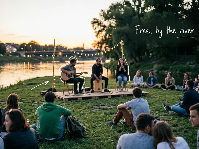 AI-generated dusk scene of a small outdoor stage on a riverside lawn, with a guitarist and a vocalist and people sitting on the grass, string lights and bridge lights in the background. A white line traces the guitarist next to a handwritten note reading 'Free, by the river'.