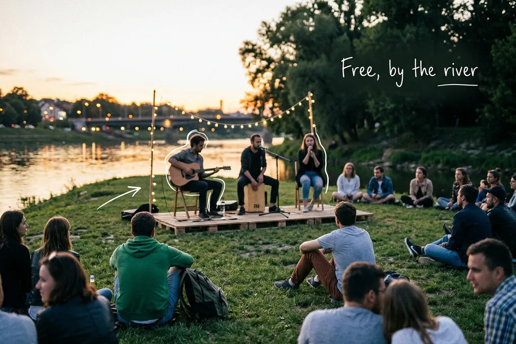 AI-generated dusk scene of a small outdoor stage on a riverside lawn, with a guitarist and a vocalist and people sitting on the grass, string lights and bridge lights in the background. A white line traces the guitarist next to a handwritten note reading 'Free, by the river'.