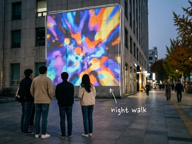 AI-generated autumn evening scene in downtown Seoul, with light projected on a building wall and people seen from behind looking up, with thin white lines and the handwritten note 'night walk'.