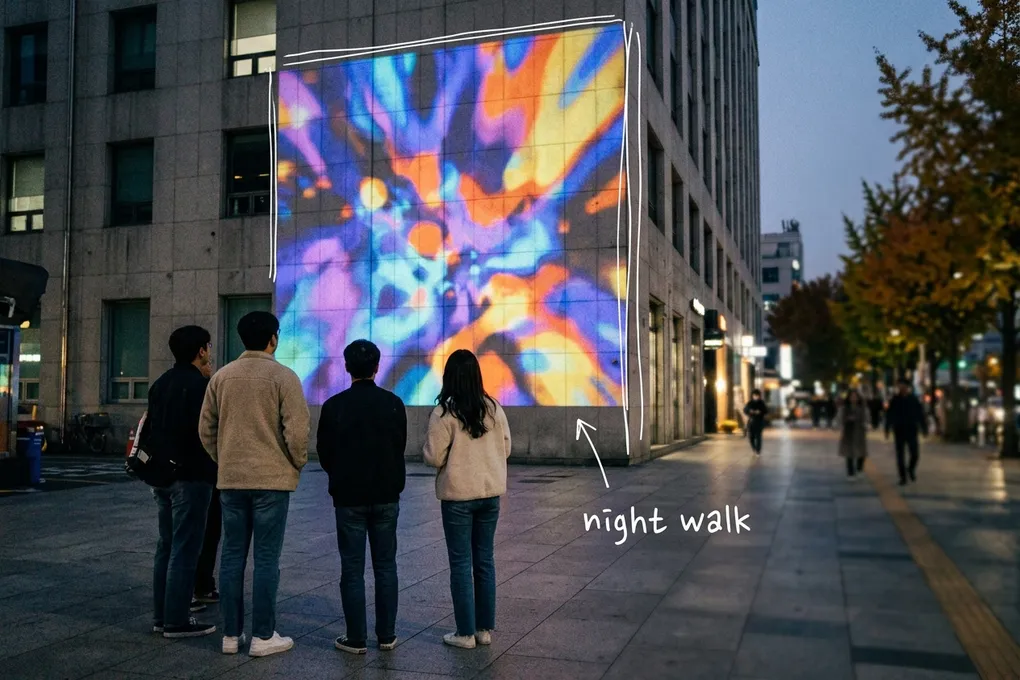 AI-generated autumn evening scene in downtown Seoul, with light projected on a building wall and people seen from behind looking up, with thin white lines and the handwritten note 'night walk'.