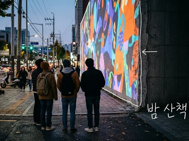 가을 저녁 서울 도심 건물 외벽에 빛 영상이 비치고, 사람들이 뒷모습으로 서서 올려다보는 AI 생성 이미지. 흰 선과 ‘밤 산책’ 손글씨가 얹혀 있다.