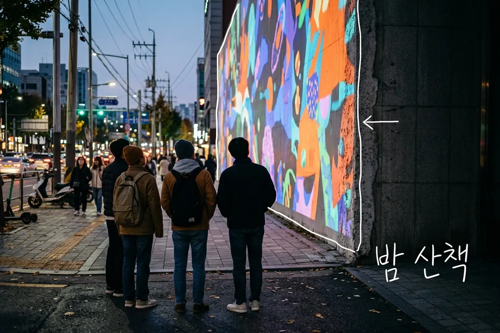 가을 저녁 서울 도심 건물 외벽에 빛 영상이 비치고, 사람들이 뒷모습으로 서서 올려다보는 AI 생성 이미지. 흰 선과 ‘밤 산책’ 손글씨가 얹혀 있다.