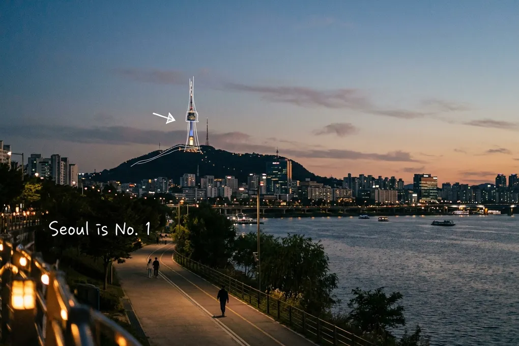 AI-generated dusk view of N Seoul Tower above a riverside walking path along the Han River, with thin white lines around the tower and a handwritten note reading 'Seoul is No. 1'.
