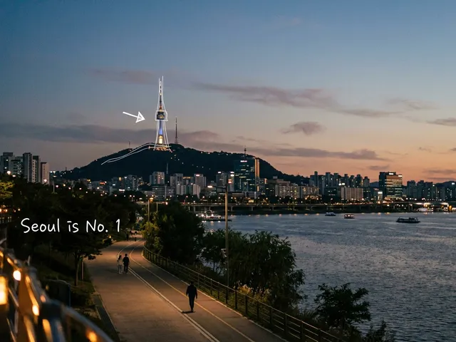 AI-generated dusk view of N Seoul Tower above a riverside walking path along the Han River, with thin white lines around the tower and a handwritten note reading 'Seoul is No. 1'.