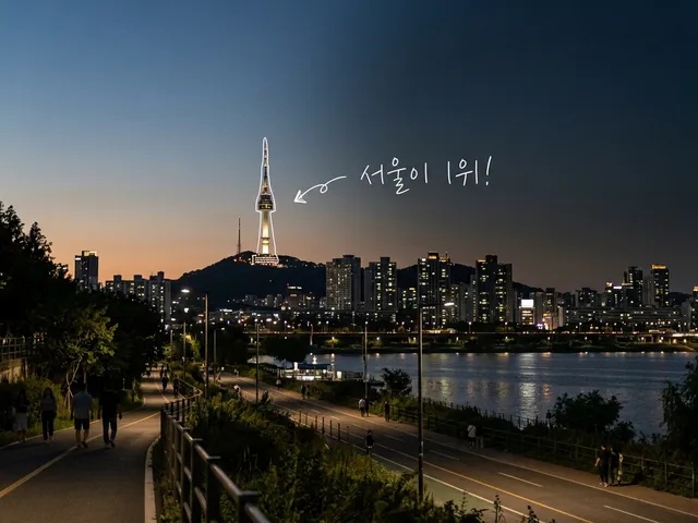 해 질 녘 한강변 산책로 너머로 남산타워가 보이는 서울 야경 AI 생성 이미지. 타워에 흰 선과 '서울이 1위!' 손글씨가 얹혀 있다.