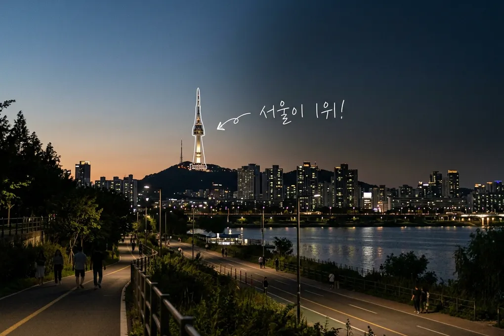 해 질 녘 한강변 산책로 너머로 남산타워가 보이는 서울 야경 AI 생성 이미지. 타워에 흰 선과 '서울이 1위!' 손글씨가 얹혀 있다.