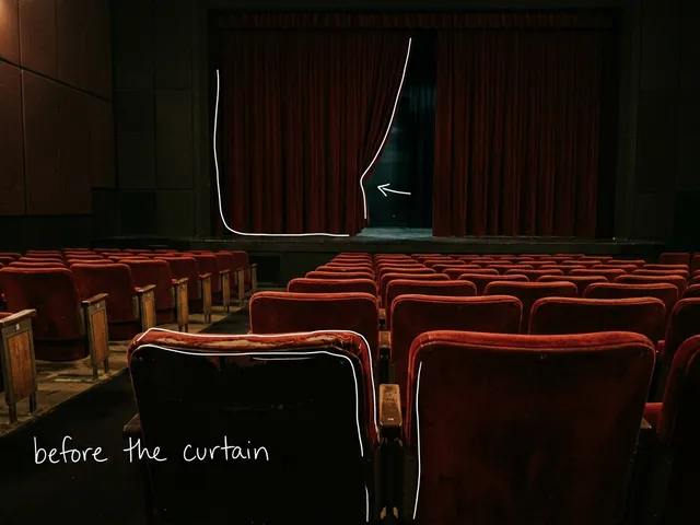AI-generated empty theater of red velvet seats facing a dark red stage curtain that is slightly open. White lines trace a seat and the curtain edge, with the handwritten note before the curtain.