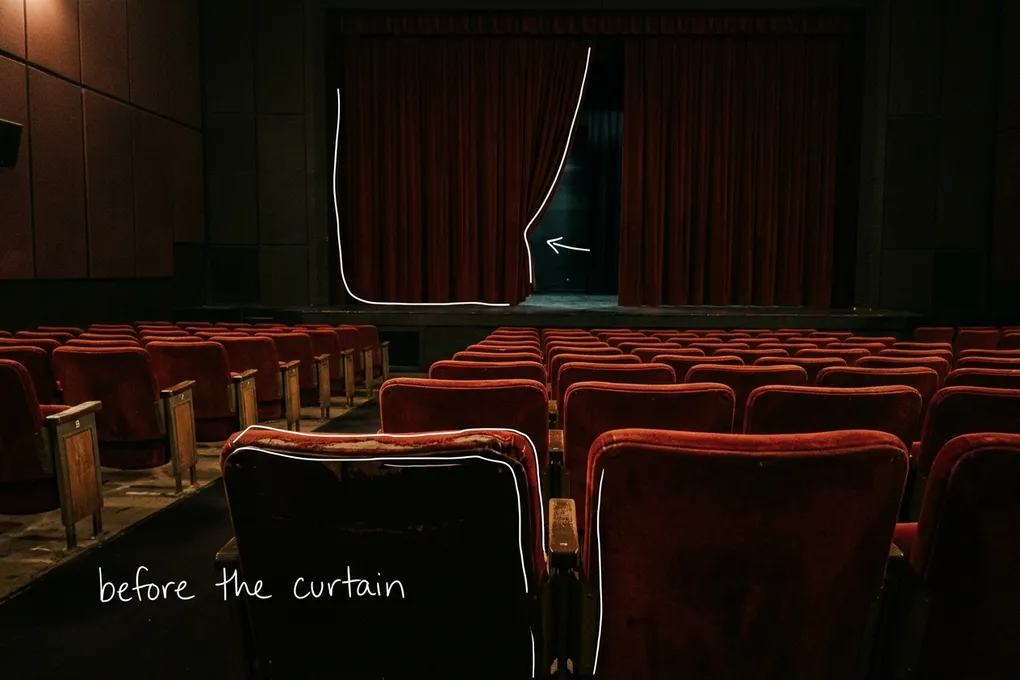AI-generated empty theater of red velvet seats facing a dark red stage curtain that is slightly open. White lines trace a seat and the curtain edge, with the handwritten note before the curtain.