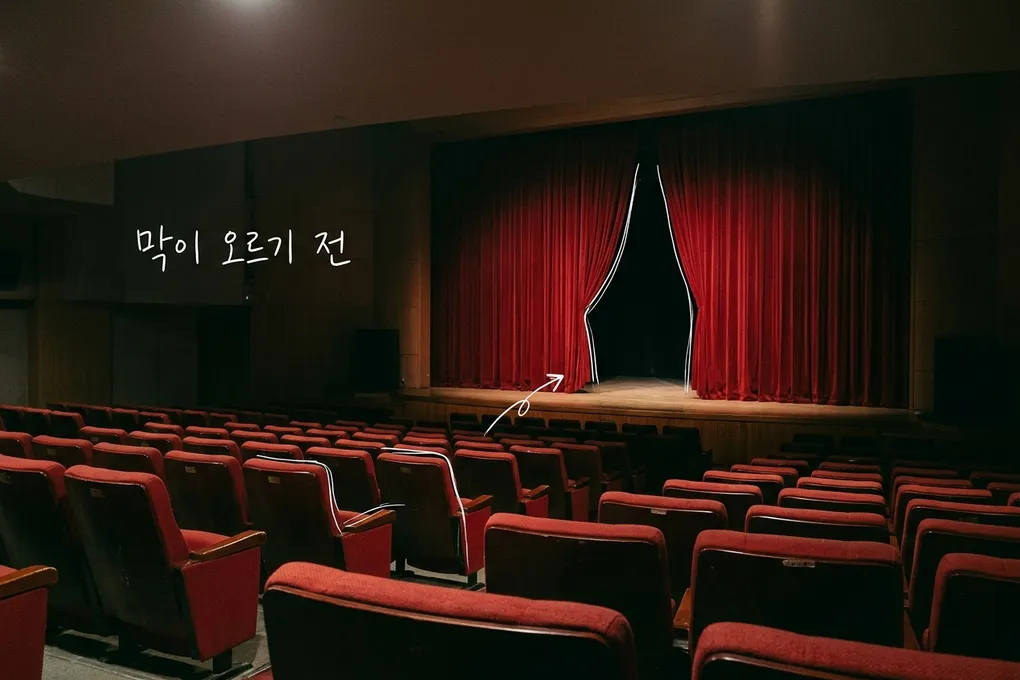 빈 극장의 붉은 벨벳 객석 너머로 무대의 짙은 붉은 커튼이 살짝 열려 있는 AI 생성 이미지. 의자와 커튼 가장자리에 흰 선이 얹혀 있고 '막이 오르기 전' 손글씨가 있다.