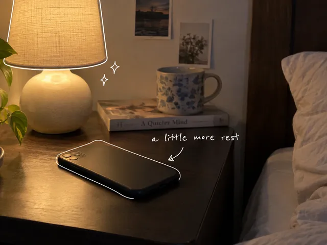 AI-generated bedside scene with a face-down phone, a softly glowing lamp and the handwritten words a little more rest.
