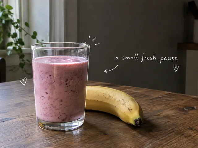 AI-generated pink berry smoothie and banana on a kitchen table, with thin white doodles and a handwritten note.