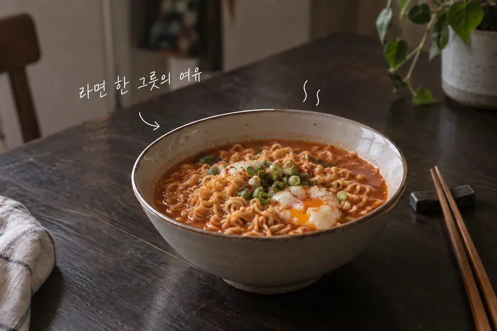 주방 식탁 위 달걀을 올린 라면 한 그릇과 흰 김 낙서, 면 먹고 잠깐 쉬어요라는 손글씨를 담은 AI 생성 이미지.