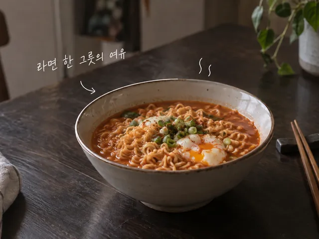 주방 식탁 위 달걀을 올린 라면 한 그릇과 흰 김 낙서, 면 먹고 잠깐 쉬어요라는 손글씨를 담은 AI 생성 이미지.