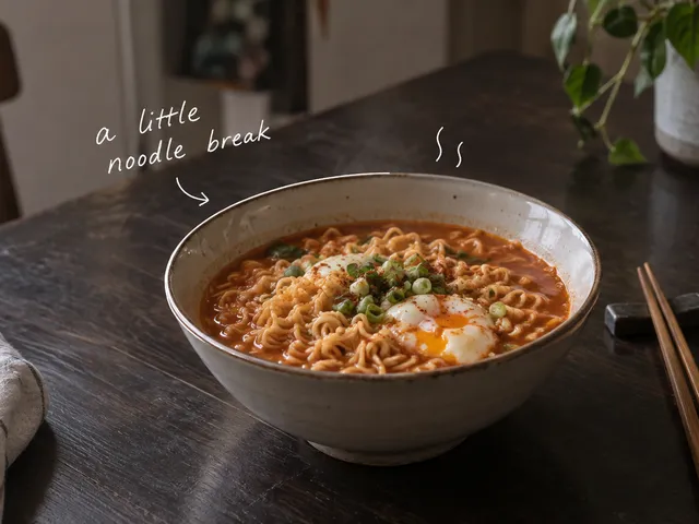 AI-generated bowl of ramyeon with egg on a kitchen table, thin white steam doodles and the handwritten words a little noodle break.