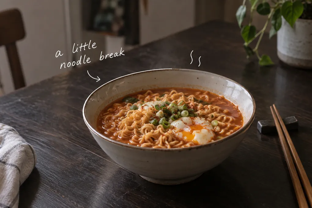 AI-generated bowl of ramyeon with egg on a kitchen table, thin white steam doodles and the handwritten words a little noodle break.