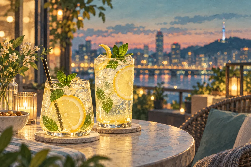 AI-generated illustration of two citrus-and-mint non-alcoholic drinks on a terrace table with a city skyline at dusk.