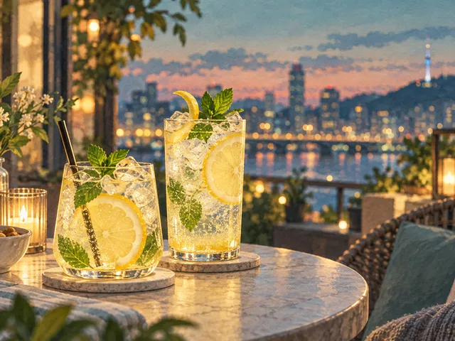 AI-generated illustration of two citrus-and-mint non-alcoholic drinks on a terrace table with a city skyline at dusk.