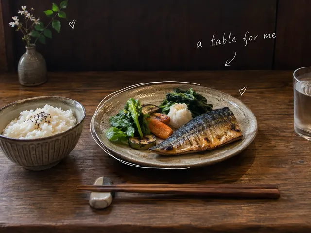 AI-generated single place setting at a wooden counter, with grilled fish, vegetables, rice and the handwritten words a table for me.