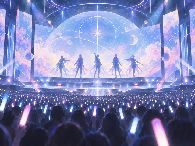 AI-generated concept illustration of five silhouettes on a blue-lit stage with glowing light sticks in the crowd; not official artwork or a photo of the show.