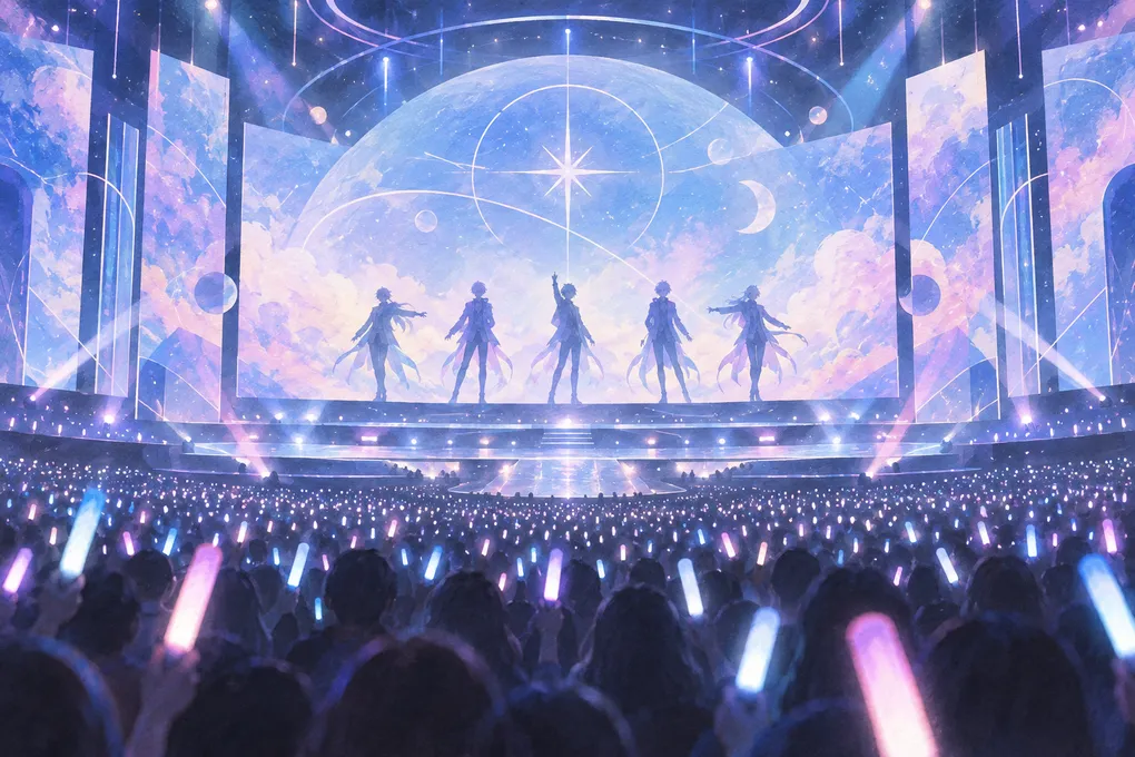 AI-generated concept illustration of five silhouettes on a blue-lit stage with glowing light sticks in the crowd; not official artwork or a photo of the show.