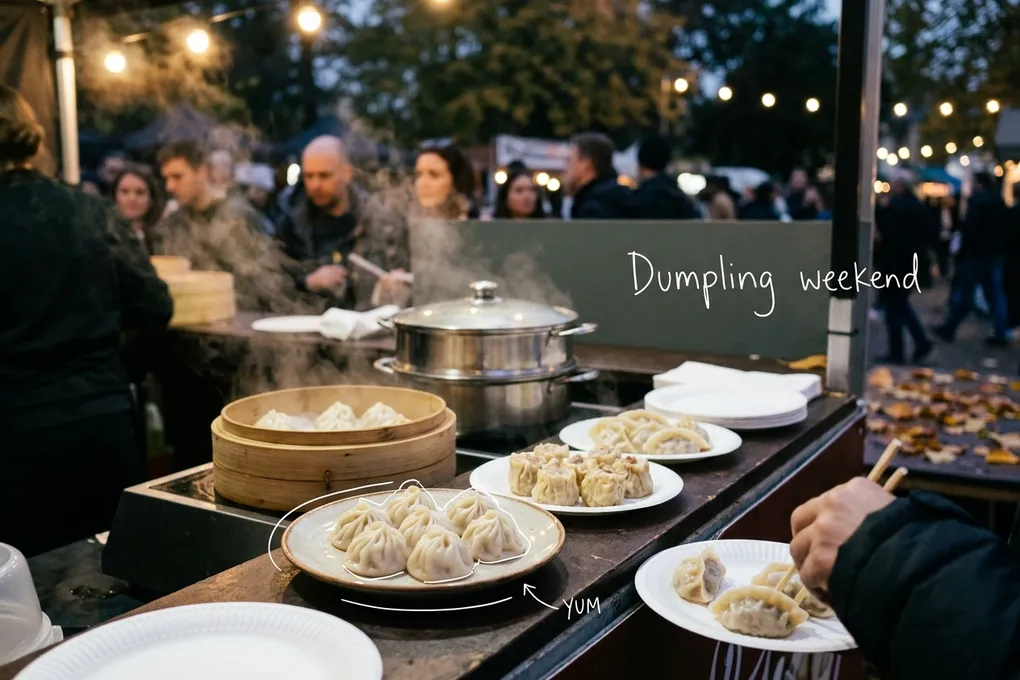 AI-generated image of a steaming tray of dumplings on a street-food stall counter at an evening festival with string lights. A white line traces a plate of dumplings next to a handwritten note reading 'Dumpling weekend'.