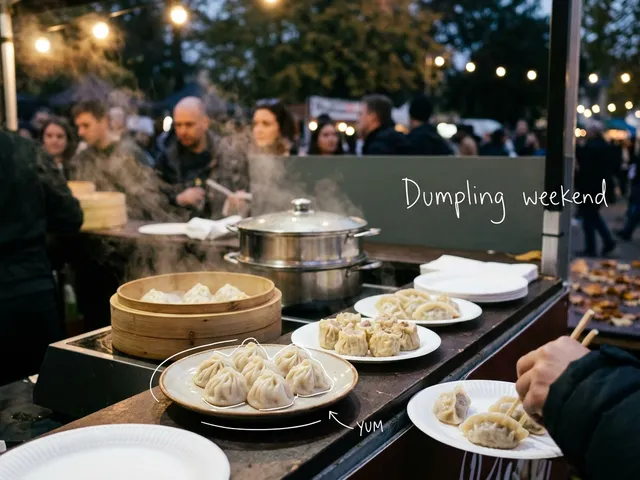 AI-generated image of a steaming tray of dumplings on a street-food stall counter at an evening festival with string lights. A white line traces a plate of dumplings next to a handwritten note reading 'Dumpling weekend'.