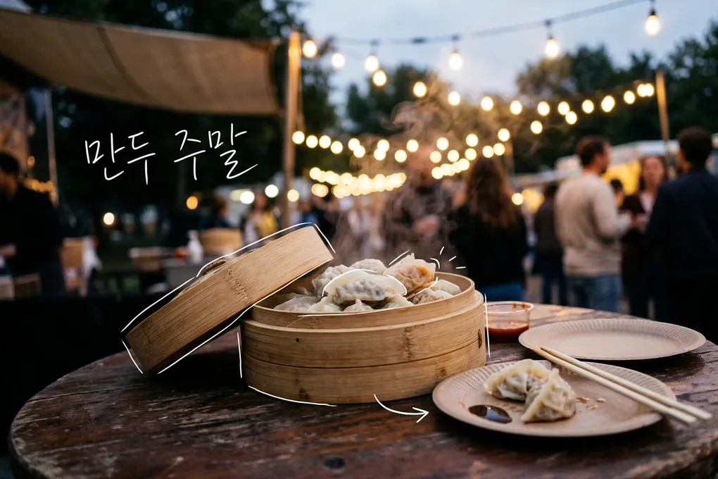 저녁 전구가 매달린 야외 축제장 탁자 위 대나무 찜기에 만두가 가득 담긴 AI 생성 이미지. 찜기에 흰 선이 얹혀 있고 '만두 주말' 손글씨가 있다.