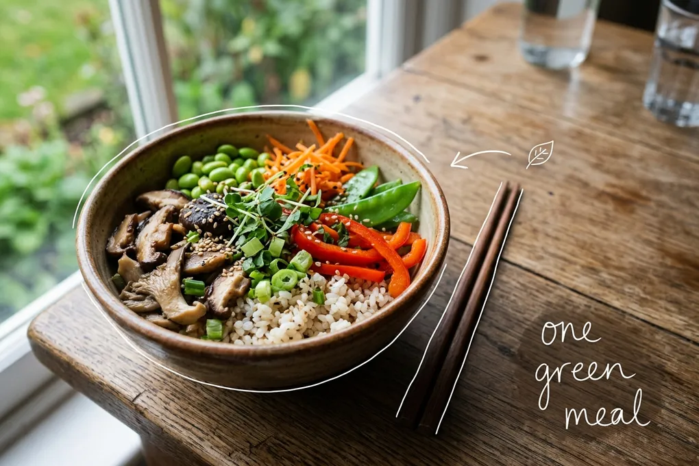 AI-generated bowl of rice topped with colorful vegetables and mushrooms on a wooden window table, with thin white lines and the handwritten note 'one green meal'.