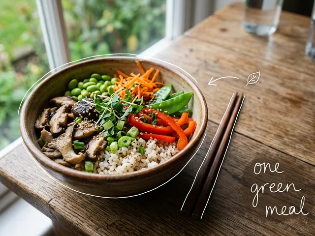 AI-generated bowl of rice topped with colorful vegetables and mushrooms on a wooden window table, with thin white lines and the handwritten note 'one green meal'.