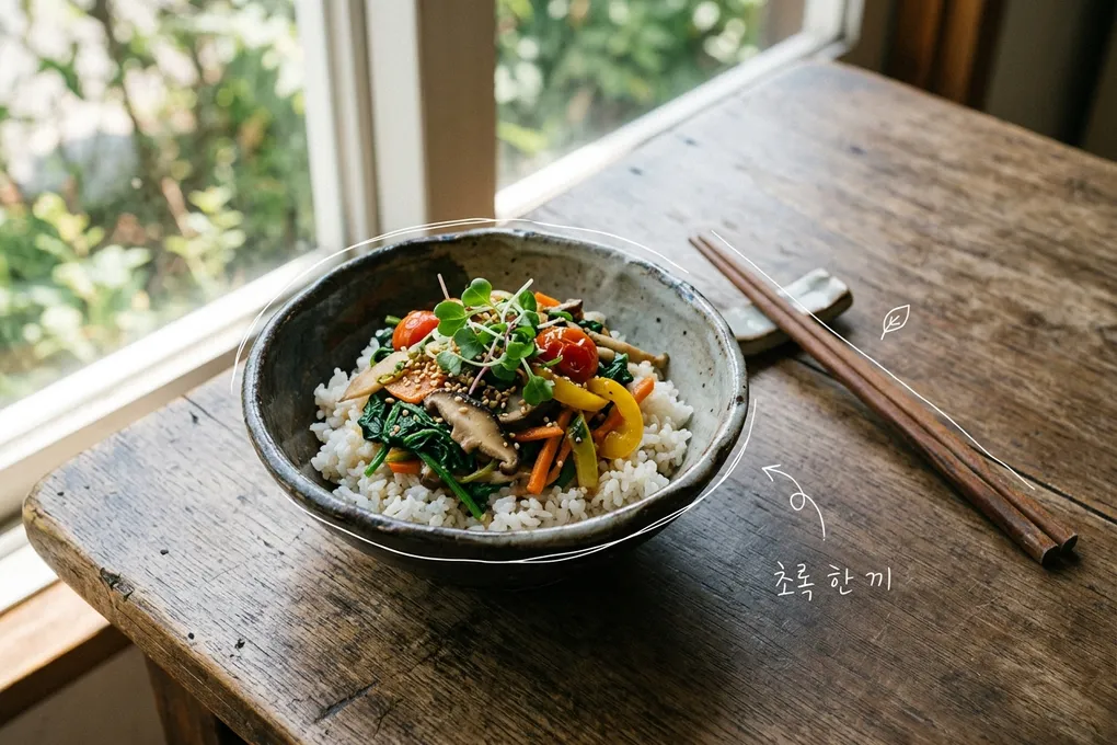 창가 나무 테이블 위 도자기 그릇에 밥과 색색의 채소, 버섯이 담긴 모습을 담은 AI 생성 이미지. 흰 선과 ‘초록 한 끼’ 손글씨가 얹혀 있다.