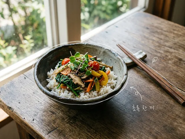 창가 나무 테이블 위 도자기 그릇에 밥과 색색의 채소, 버섯이 담긴 모습을 담은 AI 생성 이미지. 흰 선과 ‘초록 한 끼’ 손글씨가 얹혀 있다.