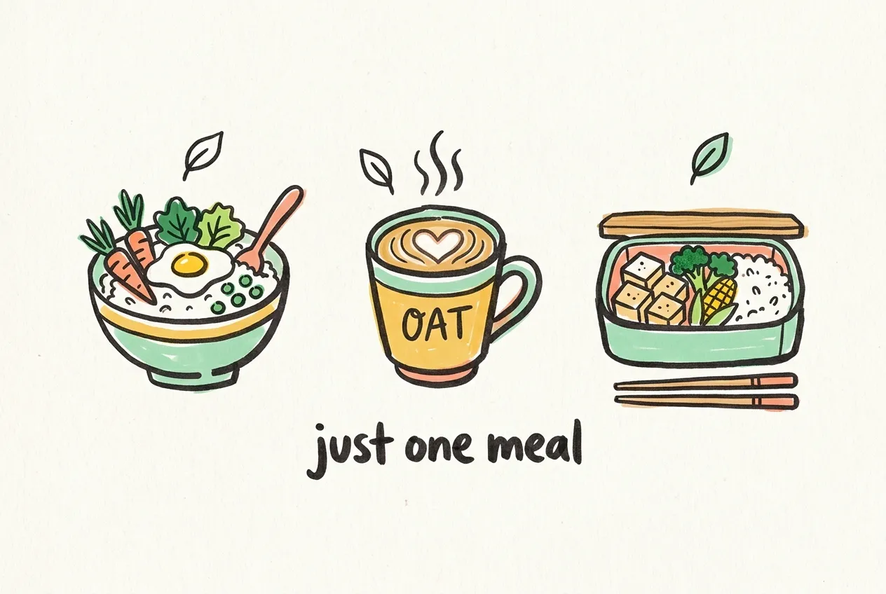 Marker-drawn illustration of a vegetable rice bowl, an oat latte and a tofu lunch box, with the handwritten note 'just one meal'