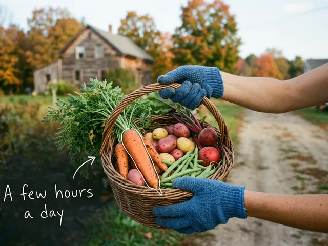 AI-generated image of gloved hands holding a wicker basket of harvested carrots, potatoes and beans with a farmhouse behind. A thin white line traces a carrot next to a handwritten note reading 'A few hours a day'.