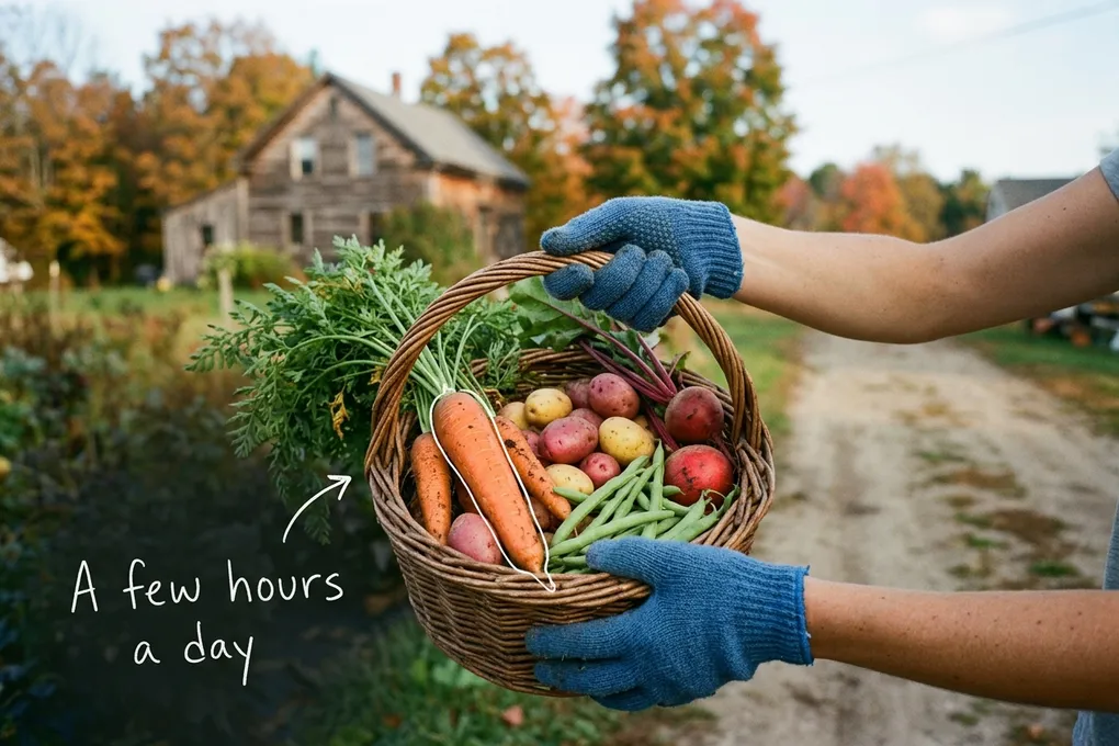 AI-generated image of gloved hands holding a wicker basket of harvested carrots, potatoes and beans with a farmhouse behind. A thin white line traces a carrot next to a handwritten note reading 'A few hours a day'.