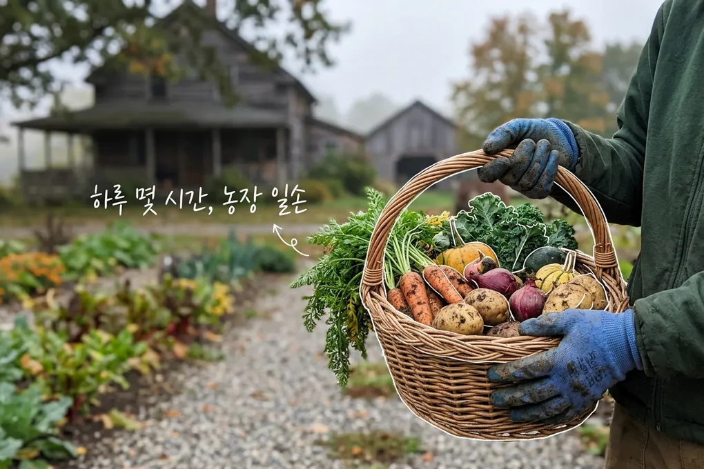장갑 낀 손이 수확한 채소가 담긴 바구니를 들고 있고 뒤로 농가가 보이는 AI 생성 이미지. 바구니에 흰 선과 '하루 몇 시간, 농장 일손' 손글씨가 얹혀 있다.